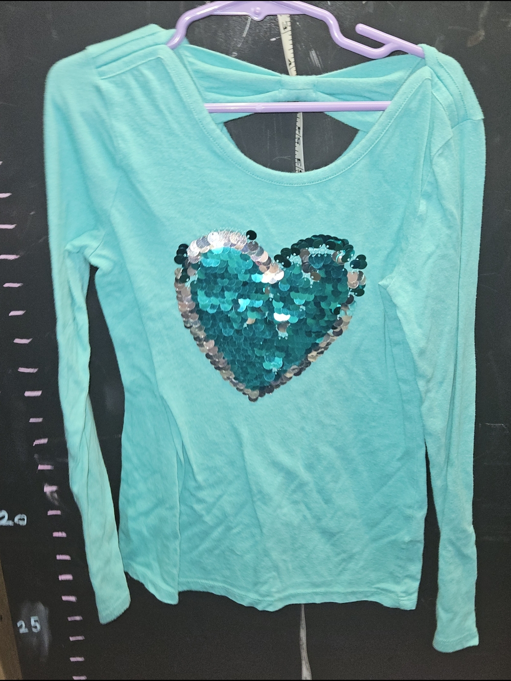 SO Teal Long Sleeve T-Shirt with Silver & Teal Foil Sequin Heart Shape Girls 7/8